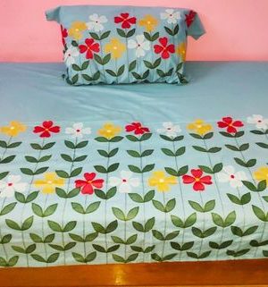 Bloom in Blue | Handmade Powder Blue Single Bed Sheet Set with Red Floral Appliqué – 2 Pcs – Applique Crafts