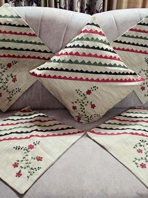 Artistry in Comfort | Handmade Beige Cotton Cushion Cover Set with Appliqué Work (5 Pcs) – Applique Crafts
